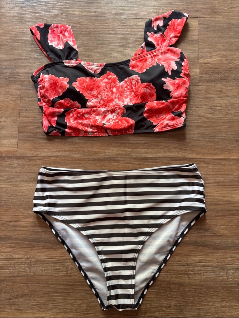 Floral Crop Bikini Top & Striped High-Waist Bottom